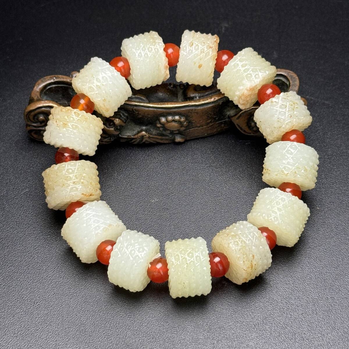 旧 清代 和田玉 伝統型 玉手串 裝身具 天然石 時代物 中国古美術 古賞物 古置物 唐物 S710拍卖