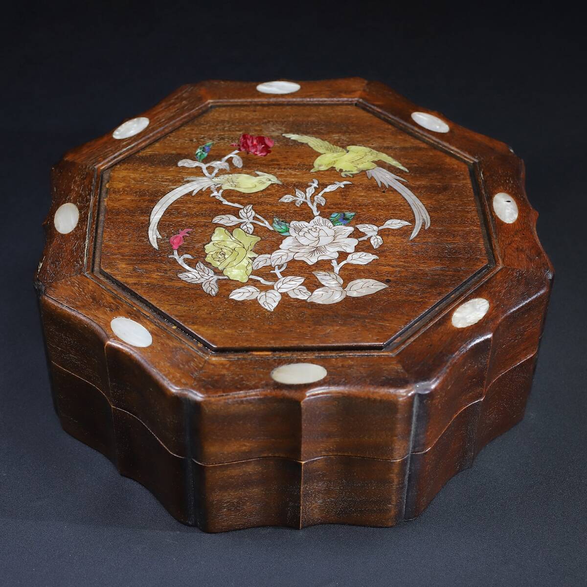 旧 清代 花梨木 象眼貝殼 八角手提げ箱 中国古美術 古賞物 古置物 唐物 S710拍卖