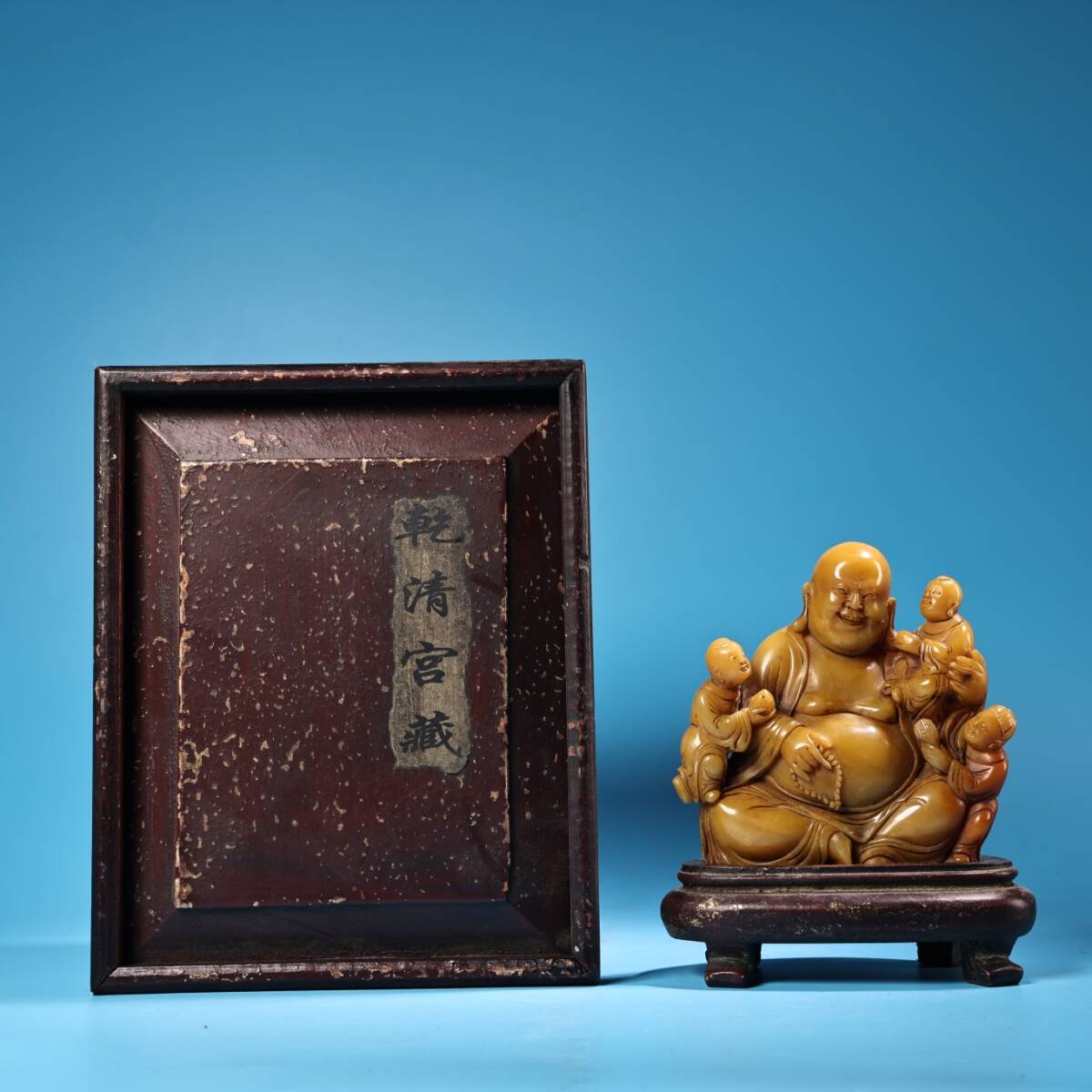 旧 清代 寿山石 雕刻 童子弥勒佛像 一尊 文房具 中国古美術 古賞物 唐物 S710拍卖