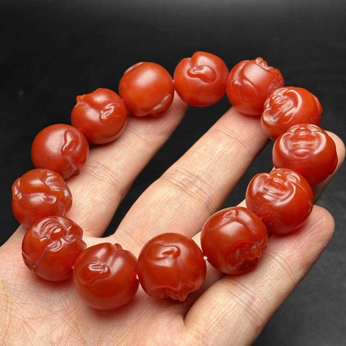 旧 清代 赤瑪瑙手鏈 仏頭 笑口常開 天然石 時代物 中国古美術 古賞物 古置物 唐物 S710拍卖