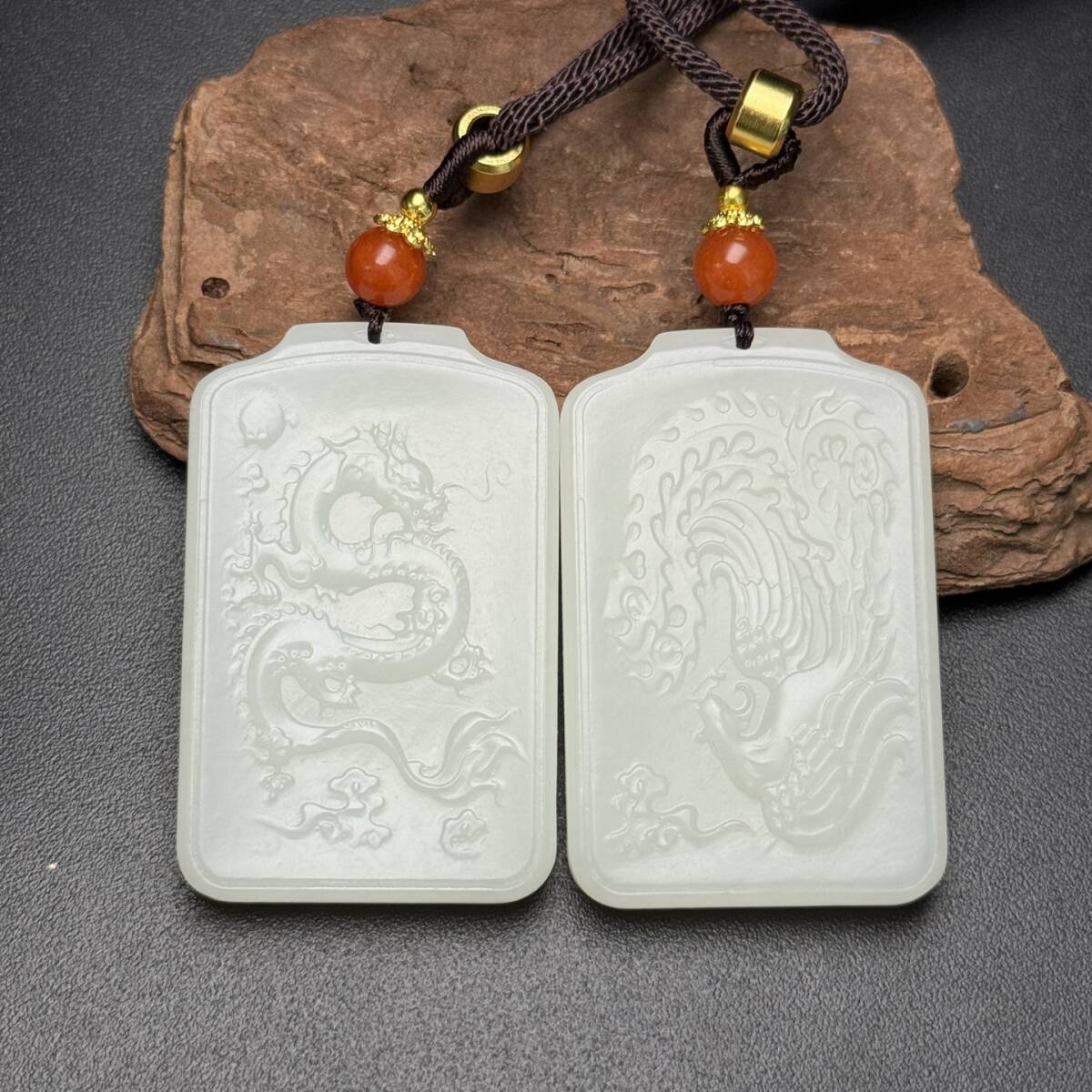 旧 清代 和田玉 對牌 龍鳳呈祥 裝身具 天然石 時代物 中国古美術 古賞物 古置物 唐物 S710拍卖