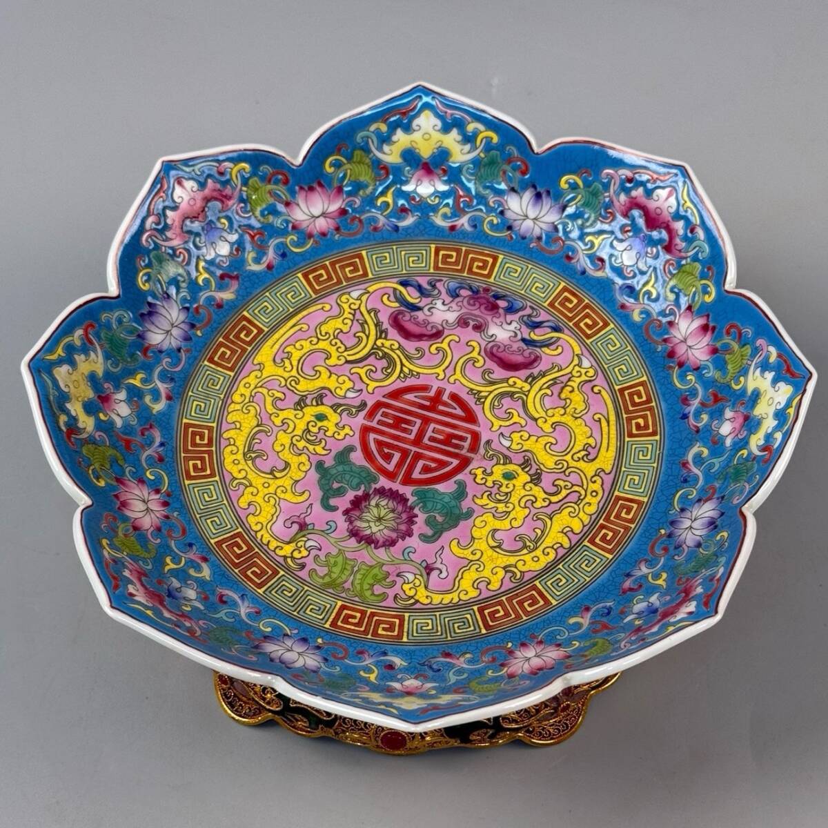 旧 清 彩色 鍍金 菓子皿唐磁 古陶磁器 陶芸 中国古美術 古賞物 古置物 唐物 S710拍卖