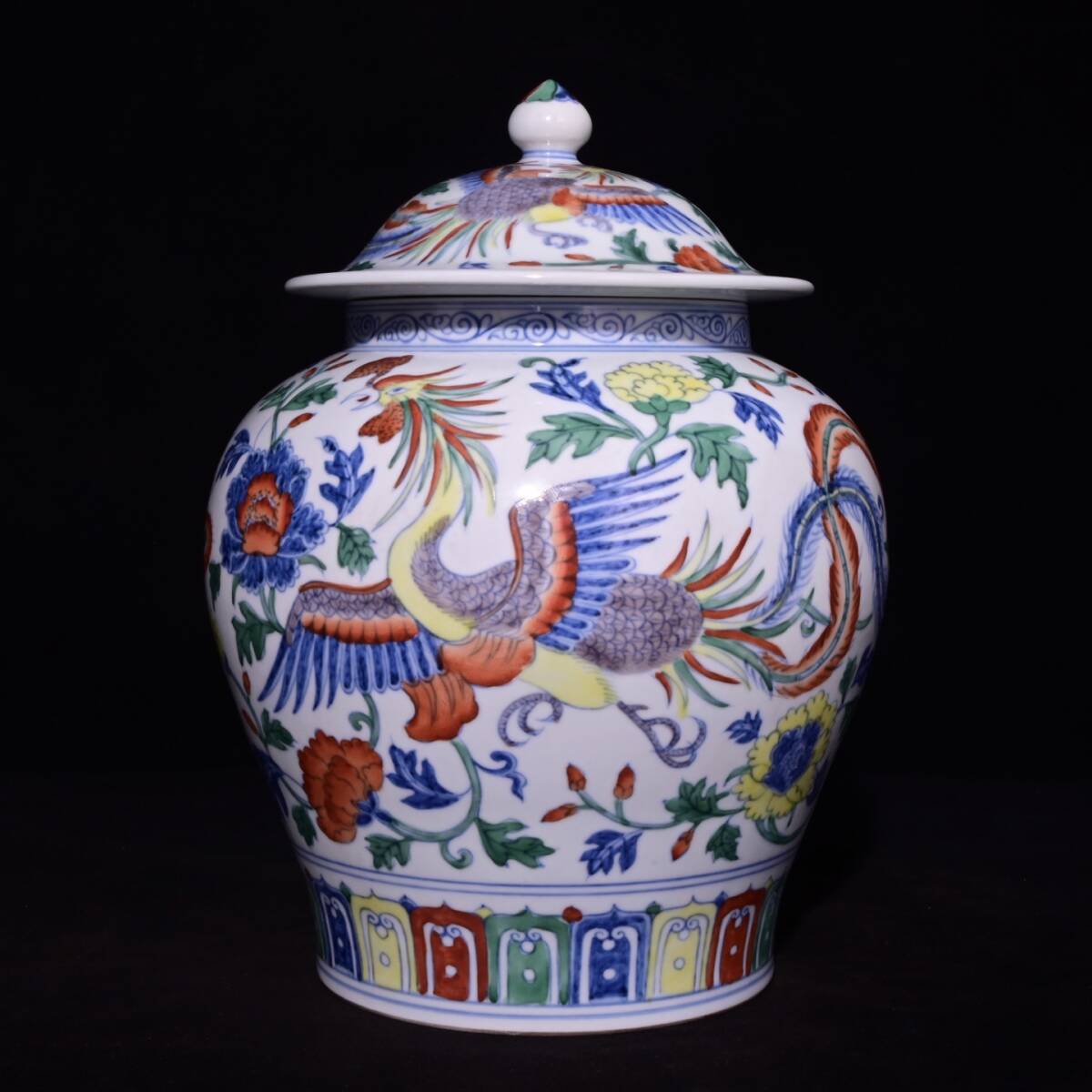旧 明代 成化年製 斗彩鳳紋蓋缶 唐磁 古陶磁器 陶芸 中国古美術 古賞物 古置物 唐物 K710拍卖