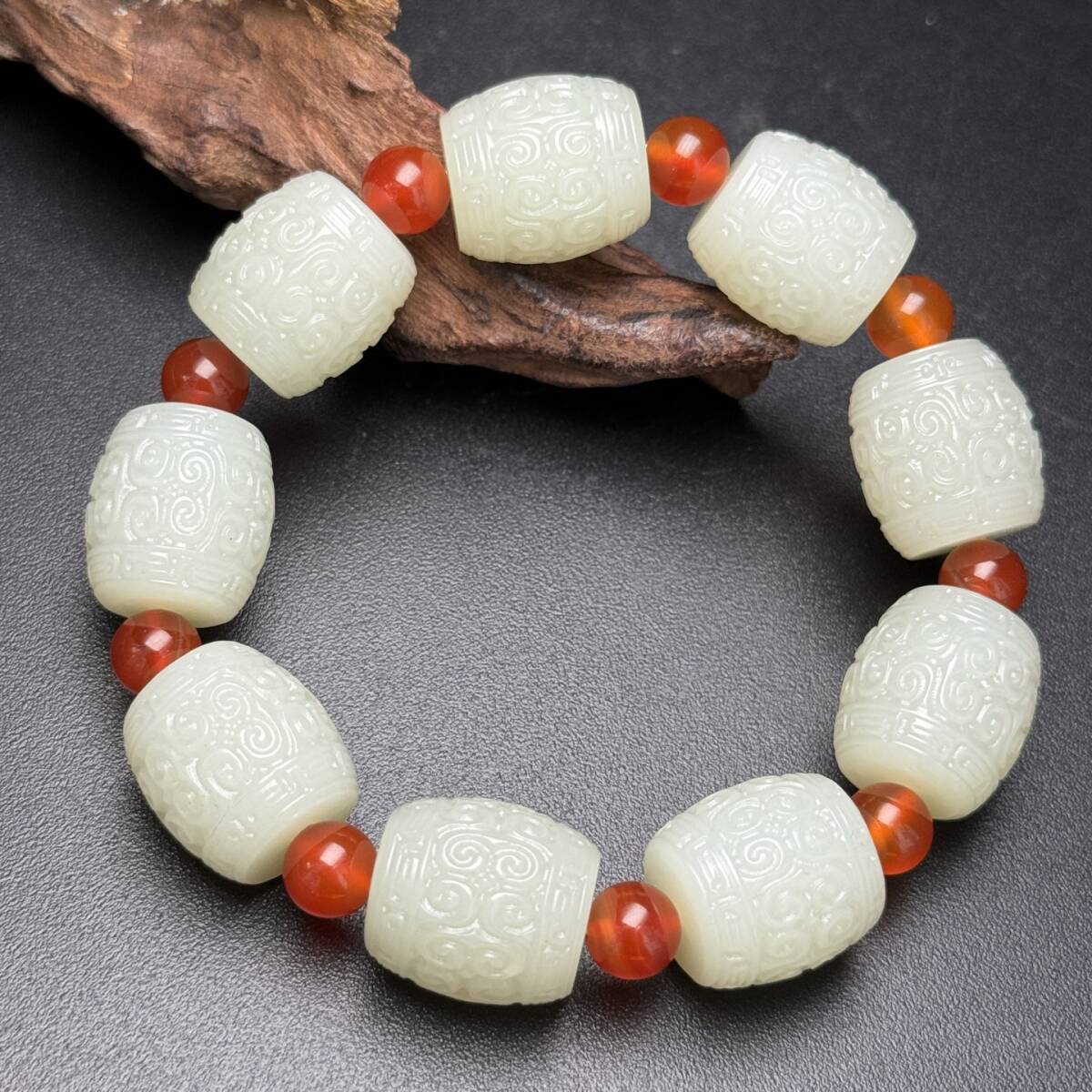 旧 清代 和田玉 如意紋手串 天然石 時代物 中国古美術 古賞物 古置物 唐物 K710拍卖