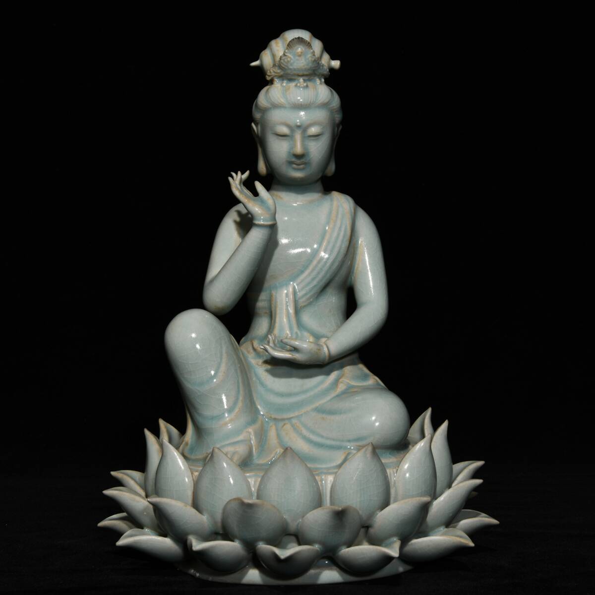 旧 宋汝窯 天青釉 蓮花觀音 佛像唐磁 古陶磁器 陶芸 中国古美術 古賞物 古置物 唐物 S710拍卖