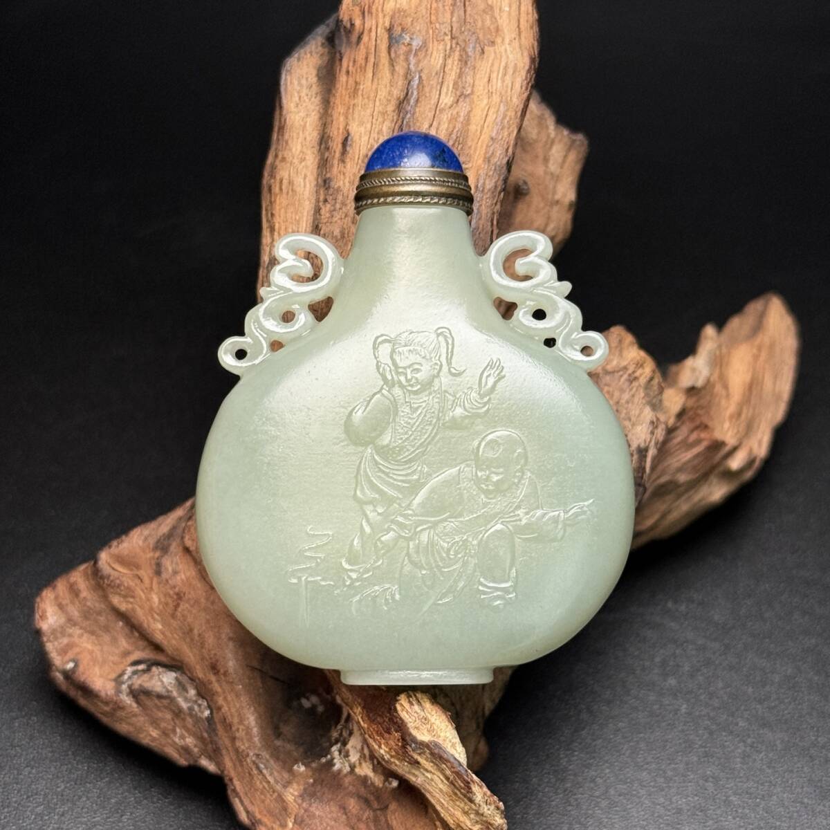 旧 清代 和田玉 双耳 鼻烟壺 天然石 時代物 中国古美術 古賞物 古置物 唐物 S710拍卖