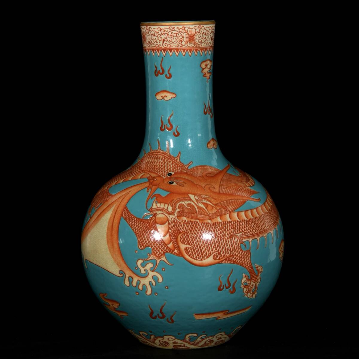 旧 清代 乾隆年制 松石緑礬紅竜紋天球瓶 唐磁 古陶磁器 陶芸 中国古美術 古賞物 古置物 唐物 K710拍卖