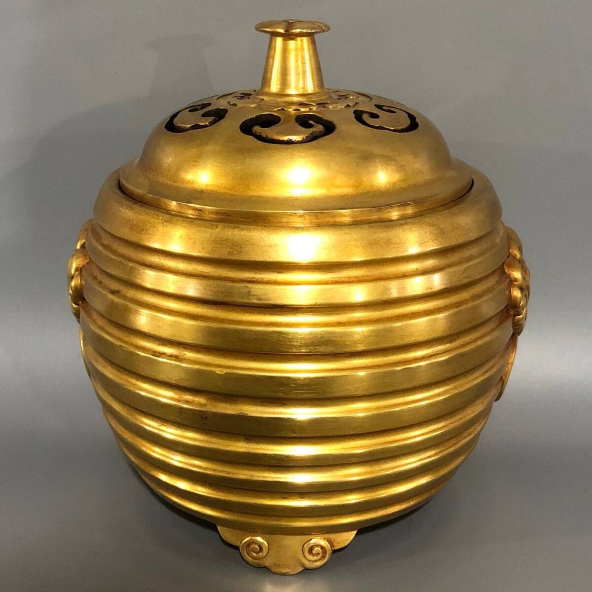 旧 紫銅 鍍真金 二獣三足炉 時代物 中国古美術 古賞物 古置物 唐物 S710拍卖