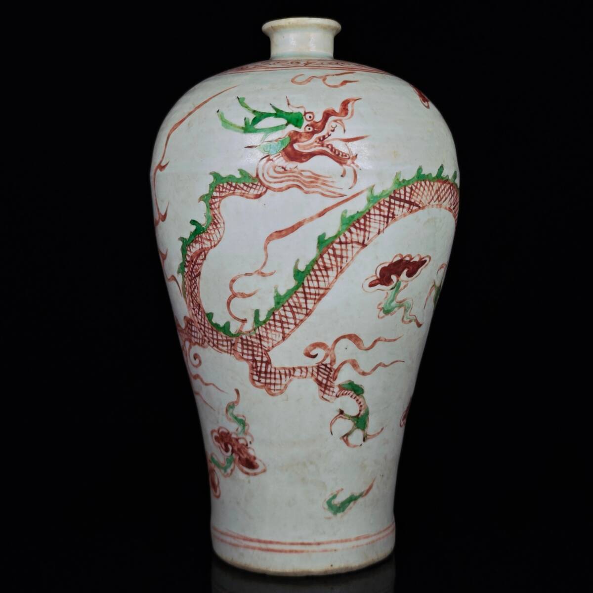 旧 元代 赤緑彩竜紋梅瓶 唐磁 古陶磁器 陶芸 中国古美術 古賞物 古置物 唐物 K710拍卖