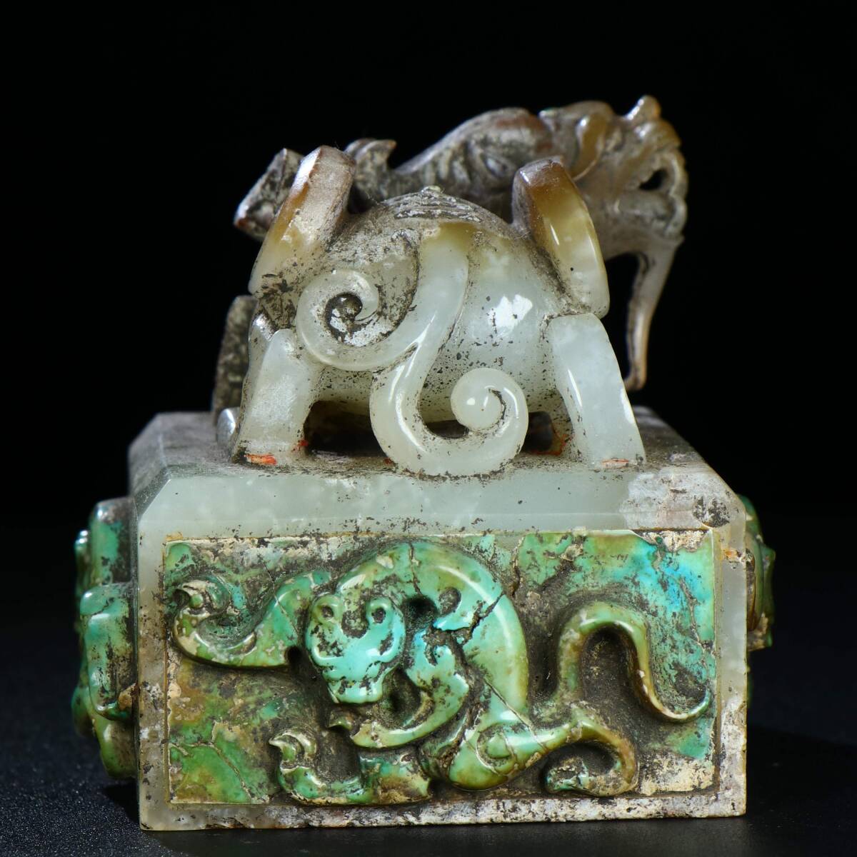 旧 清代 高古和田玉瑞獸綠松石 印章 置物 文房具 古賞物 中国古美術 唐物 K710拍卖