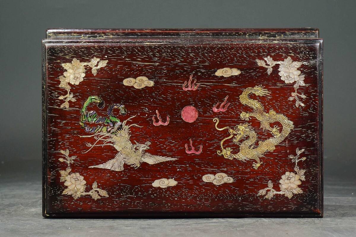 旧 清代 紫檀木 竜鳳呈祥 百寶箱 中国古美術 古賞物 古置物 唐物 K710拍卖