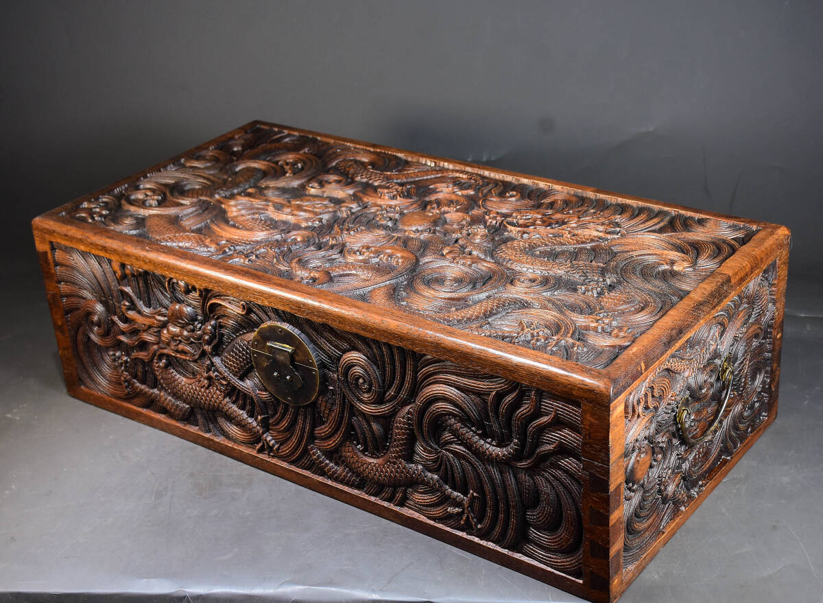 旧 清代 花梨木 雕刻竜紋 百寶箱 中国古美術 古賞物 古置物 唐物 K710拍卖
