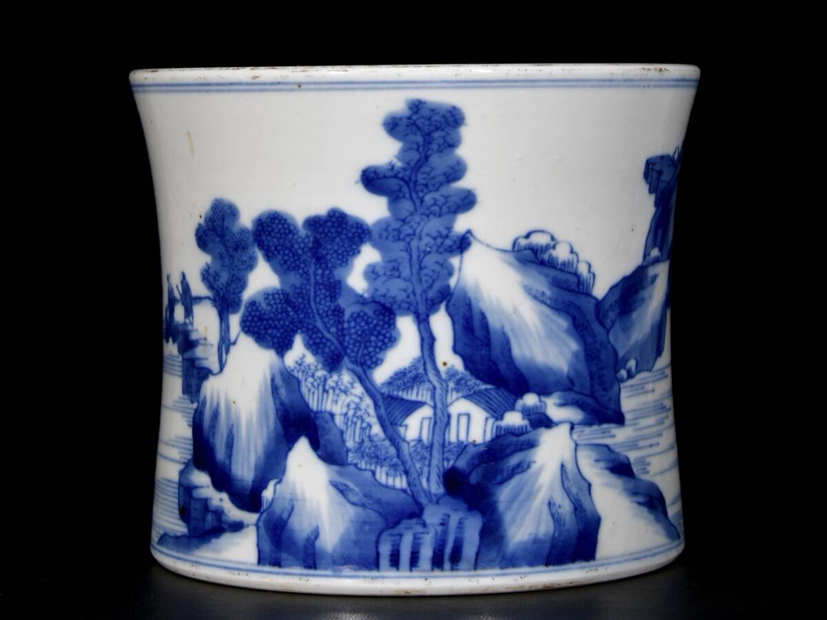 旧 清康熙 青花 山水紋筆立て 唐磁 古陶磁器 陶芸 中国古美術 古賞物 古置物 唐物 S710拍卖