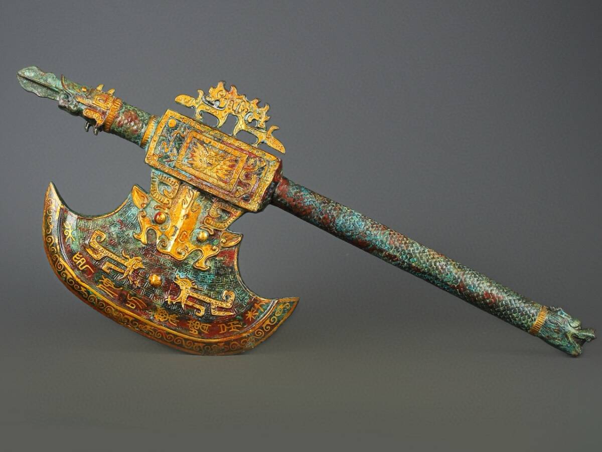 旧 漢代 青銅錯金 獸面斧頭 中国古美術 古賞物 古置物 唐物 K710拍卖