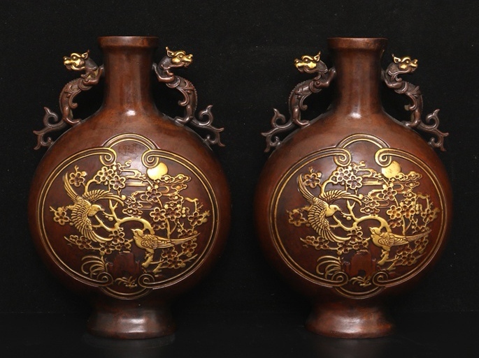 旧 大明宣德 紫銅鍍金 双竜耳花瓶 時代物 中国古美術 古賞物 古置物 唐物 S710拍卖