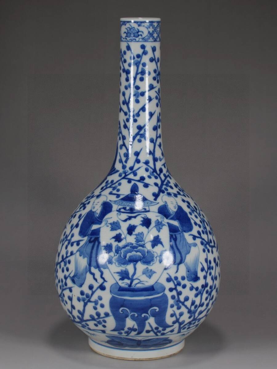 旧 清代 康熙年制 青花百梅紋 四海升平長頸瓶 古陶磁器 陶芸 中国古美術 古賞物 古置物 唐物 K710拍卖