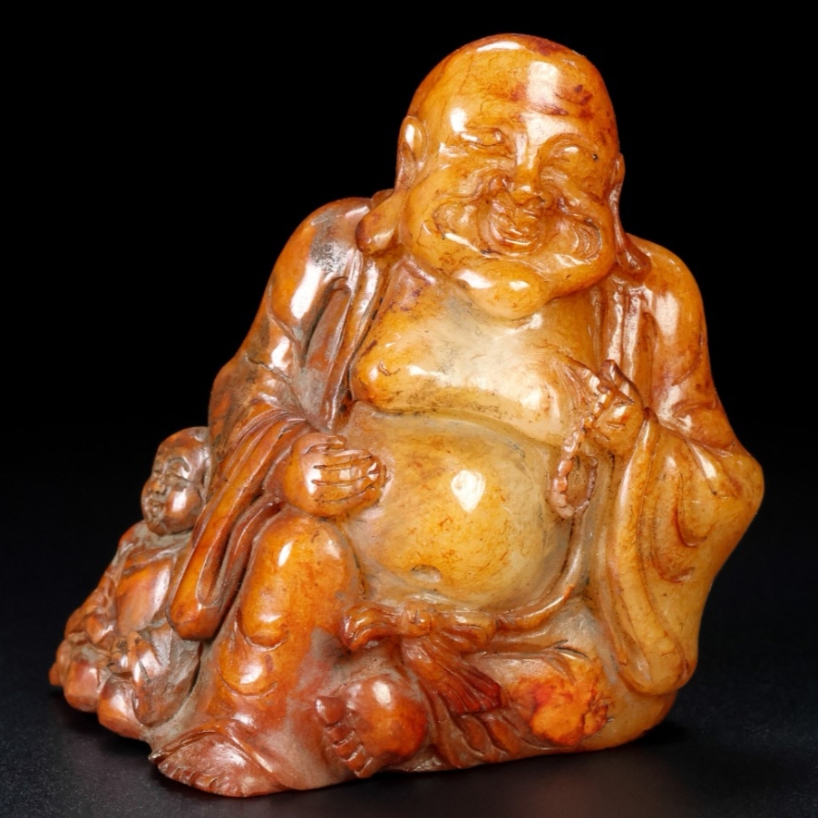 旧 清代 和田玉 大肚仏 天然石 時代物 中国古美術 古賞物 古置物 唐物 K710拍卖