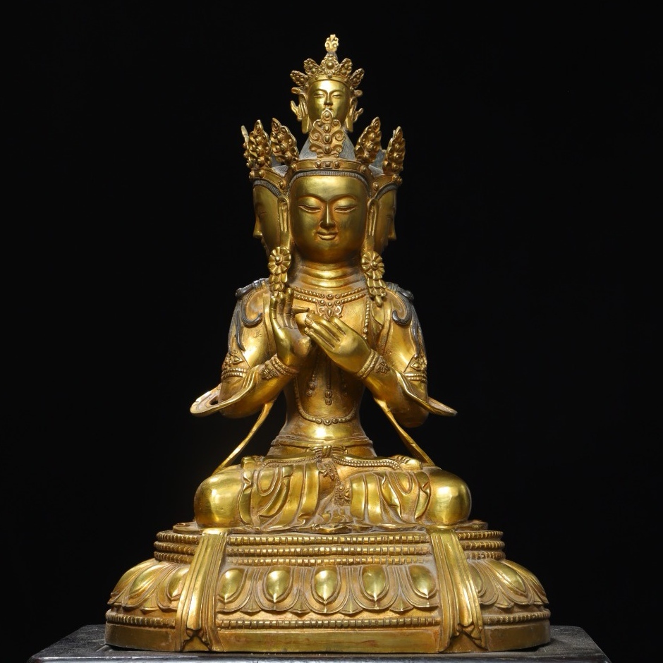 旧 明代 銅塗金 三面觀音 仏像 中国古美術 古賞物 古置物 唐物 K710拍卖