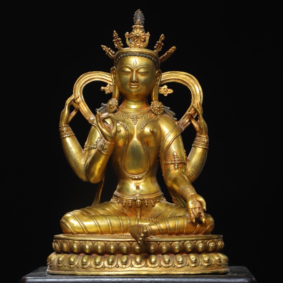旧 明代 銅塗金 四臂觀音 仏像 中国古美術 古賞物 古置物 唐物 K710拍卖
