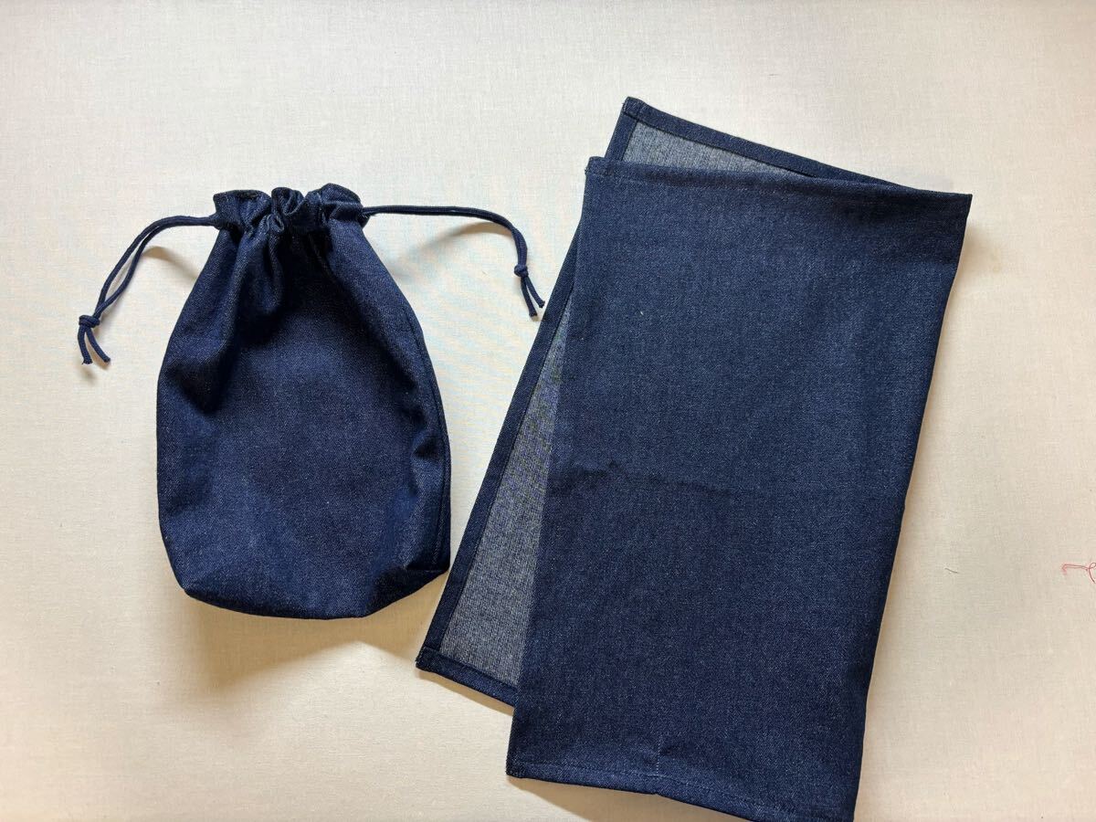 ハンドメイド ランチマット&巾着袋【紺デニム・無地】拍卖