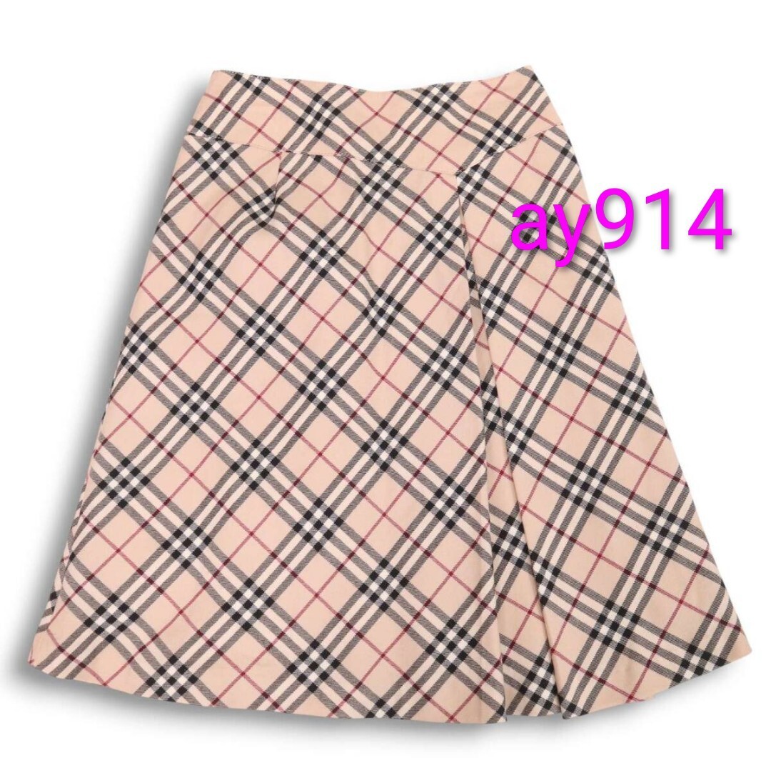 送料無料★バーバリーブルーレーベル★チェック 膝丈スカート38★ウール スカート★ミモレ丈スカート★美品★冬用スカート★ベージュ拍卖