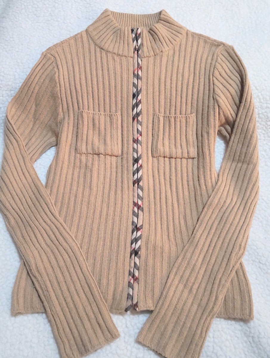 送料無料★バーバリーブルーレーベル★ベージュ×チェック★ジップアップ リブニット★カーディガン★ニットカーディガン 三陽商会 レア拍卖