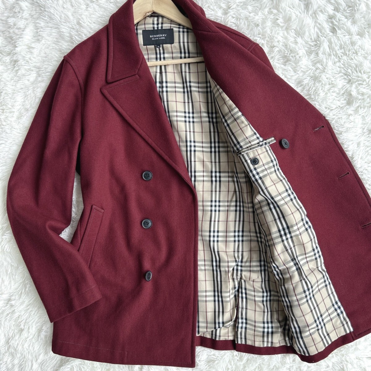 希少ワインレッド◎ BURBERRY BLACK LABEL バーバリーブラックレーベル メルトンウール Pコート ピーコート メンズ Lサイズ ノバチェック拍卖