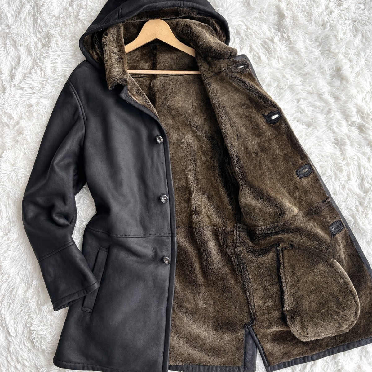 希少Lサイズ◎【幻の毛皮】贅の極み HUNTING WORLD ハンティングワールド リアルムートン ロングコート ラムレザー 羊革 メンズ 48 黒拍卖