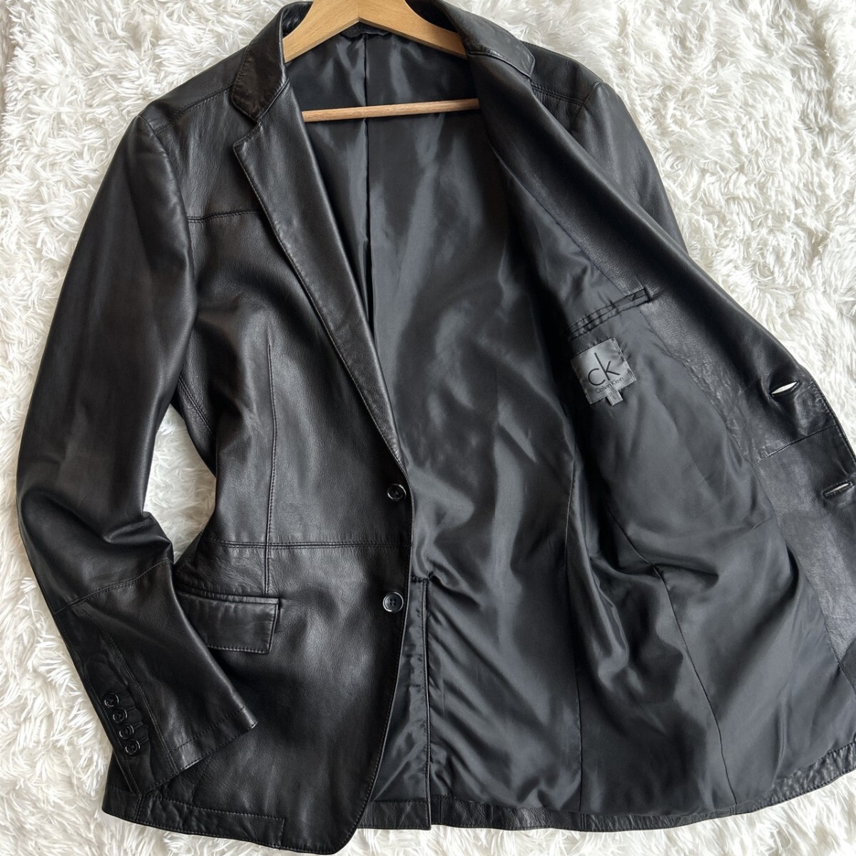 希少Lサイズ【王者の風格】 CK Calvin Klein カルバンクライン ラムレザー テーラードジャケット 羊革 黒 メンズ シープスキン 革ジャン拍卖