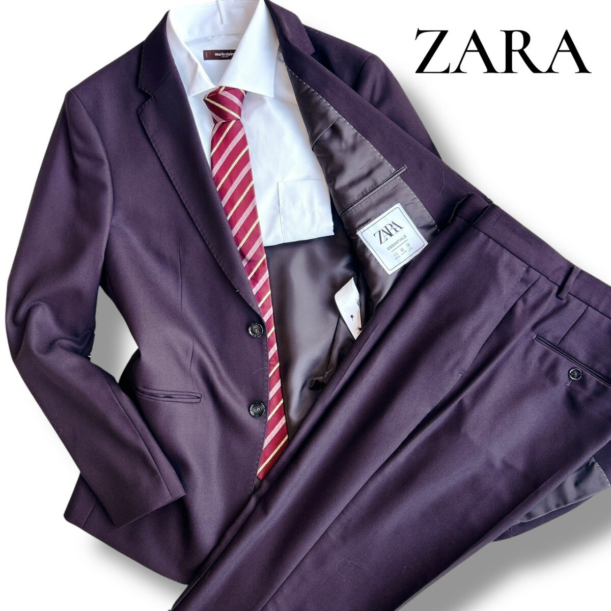 希少XLサイズ◎ ZARA MAN ESSENTIALS ザラ シングルスーツ セットアップ 上下 テーラードジャケット 50 パープル 紫 希少色 メンズ 総裏地拍卖