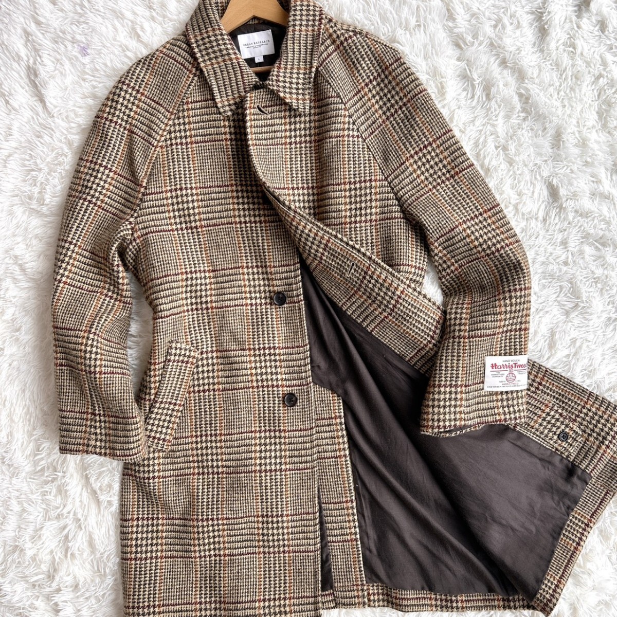 希少Lサイズ◎URBAN RESEARCH × HARRIS TWEED アーバンリサーチ ハリスツイード ロング丈 比翼 ステンカラーコート 千鳥格子柄拍卖