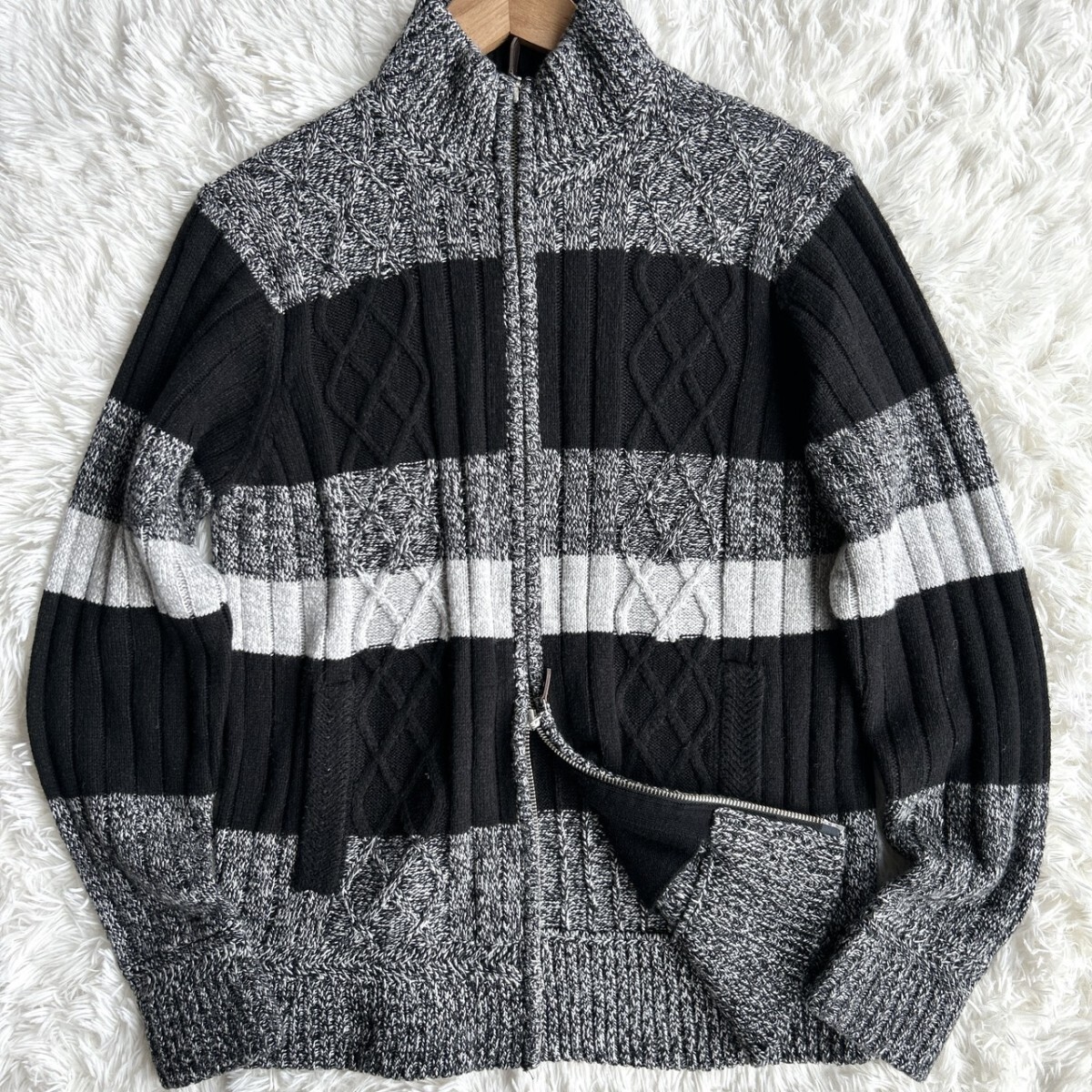 希少LLサイズ◎ MEN'S BIGI メンズビギ ローゲージ ドライバーズニット ブルゾン グレー ボーダー メンズ ケーブルニット 肉厚 XL拍卖