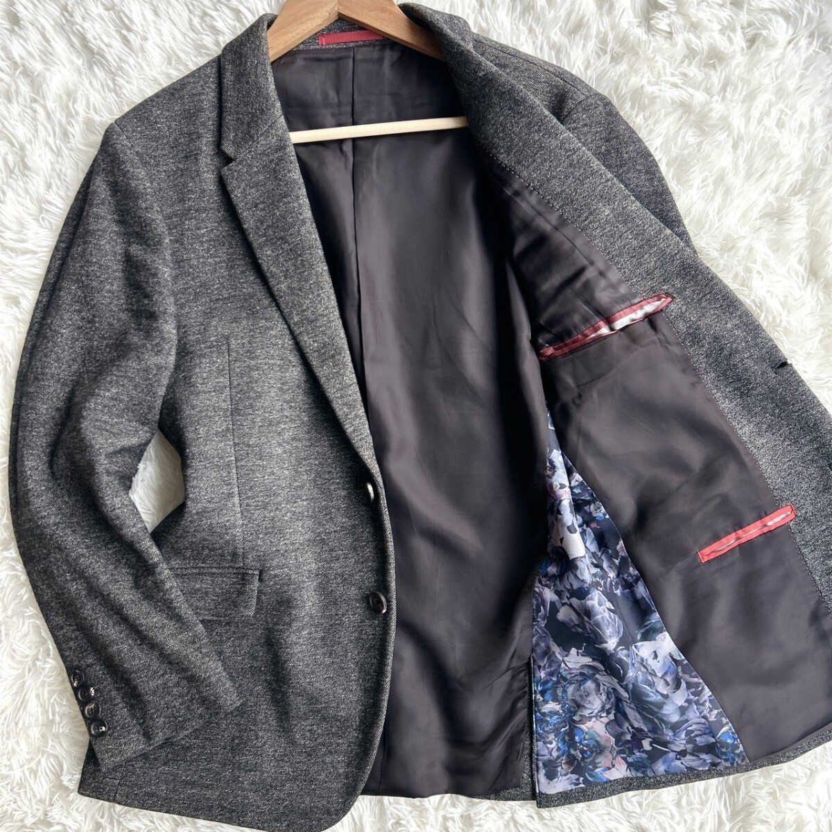 希少Lサイズ【英国紳士の嗜み】PS Paul Smith ポールスミス テーラードジャケット 霜降りグレー アンコン メンズ 裏地総柄 花柄 ウール素材拍卖