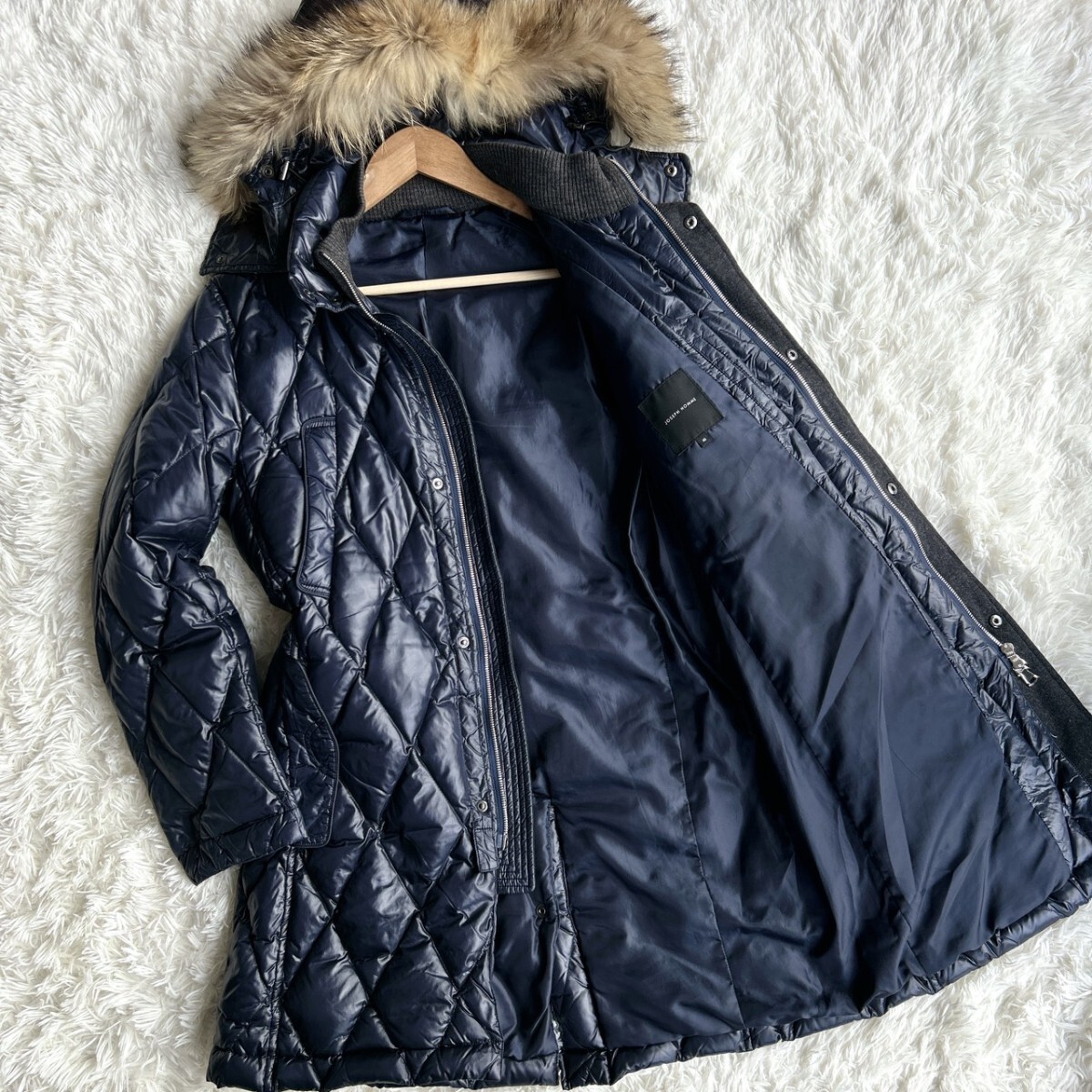 極美品!JOSEPH HOMME ダイヤモンドキルティング ダウンコート ロング丈 ラクーンファー 着脱可 46 ネイビー メンズ ジョセフオム ジョゼフ拍卖