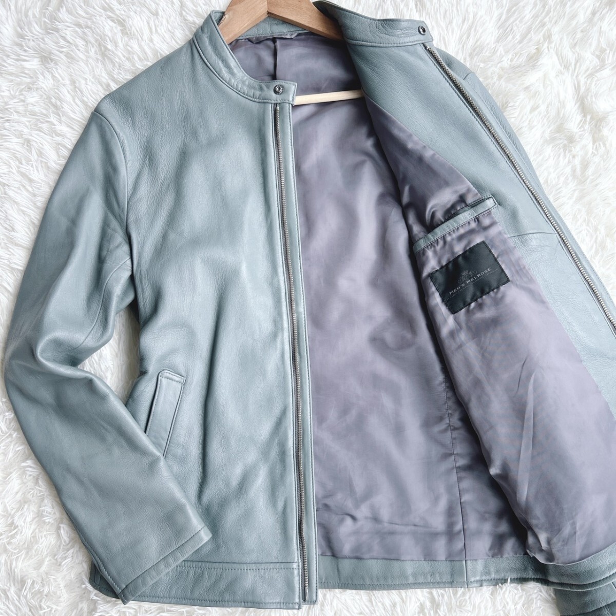 希少XLサイズ【極上のラムレザー】MEN'S MELROSE メンズ メルローズ 羊革 シングルライダースジャケット 4 ライトブルー 水色 シープスキン拍卖