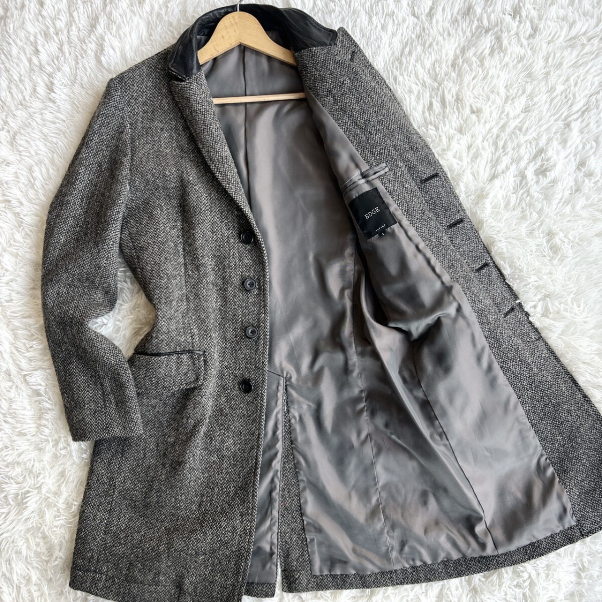 EDGE × Harris Tweed エッジ ハリスツイード チェスターコート ロング丈 レザー切り替え 牛革 グレー 肉厚 Mサイズ相当 2 メンズ拍卖