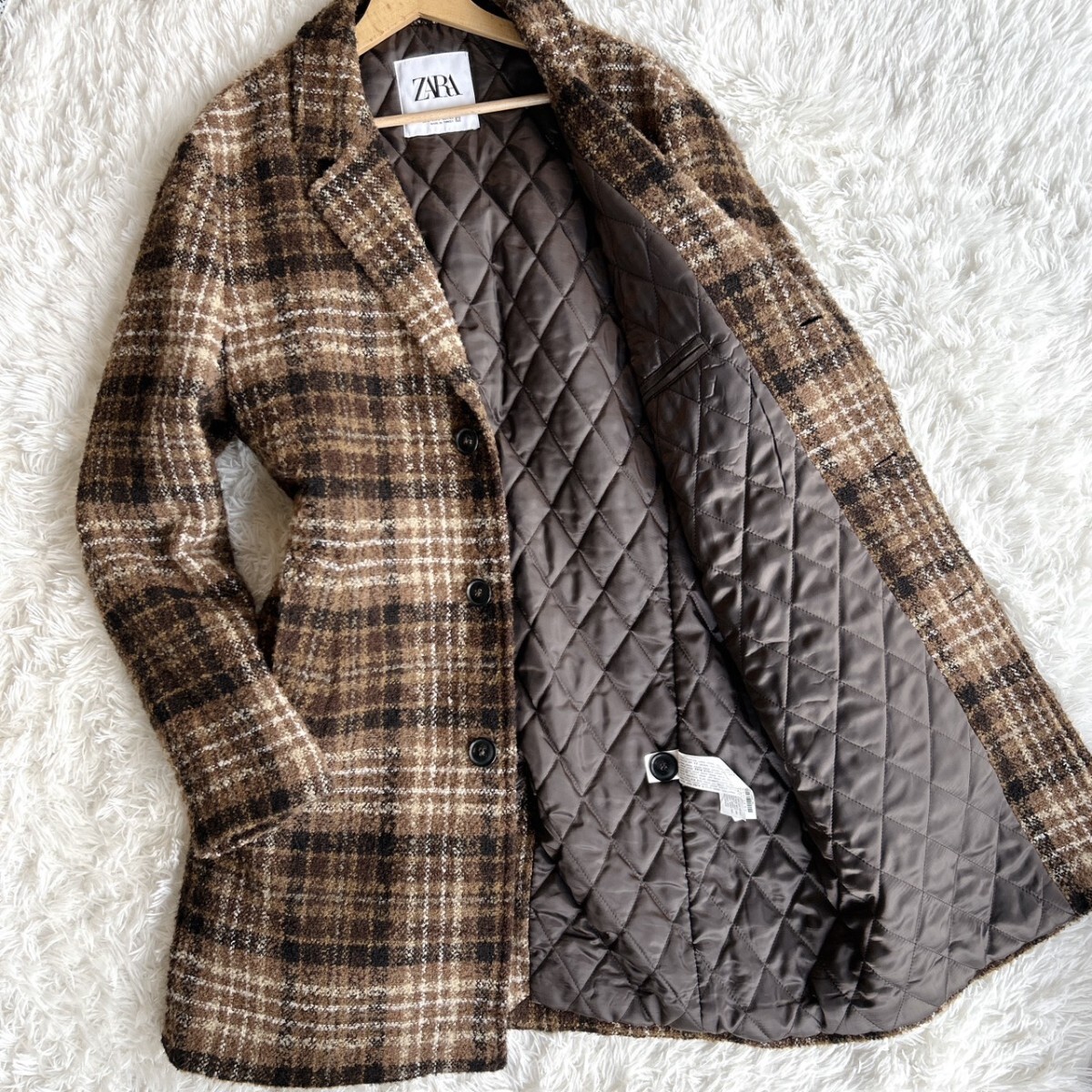 希少Lサイズ◎【大人のお洒落】ZARA MAN ザラ 肉厚 起毛 ツイード チェスターコート ロング丈 メンズ スーツ チェック柄 秋冬 大きいサイズ拍卖