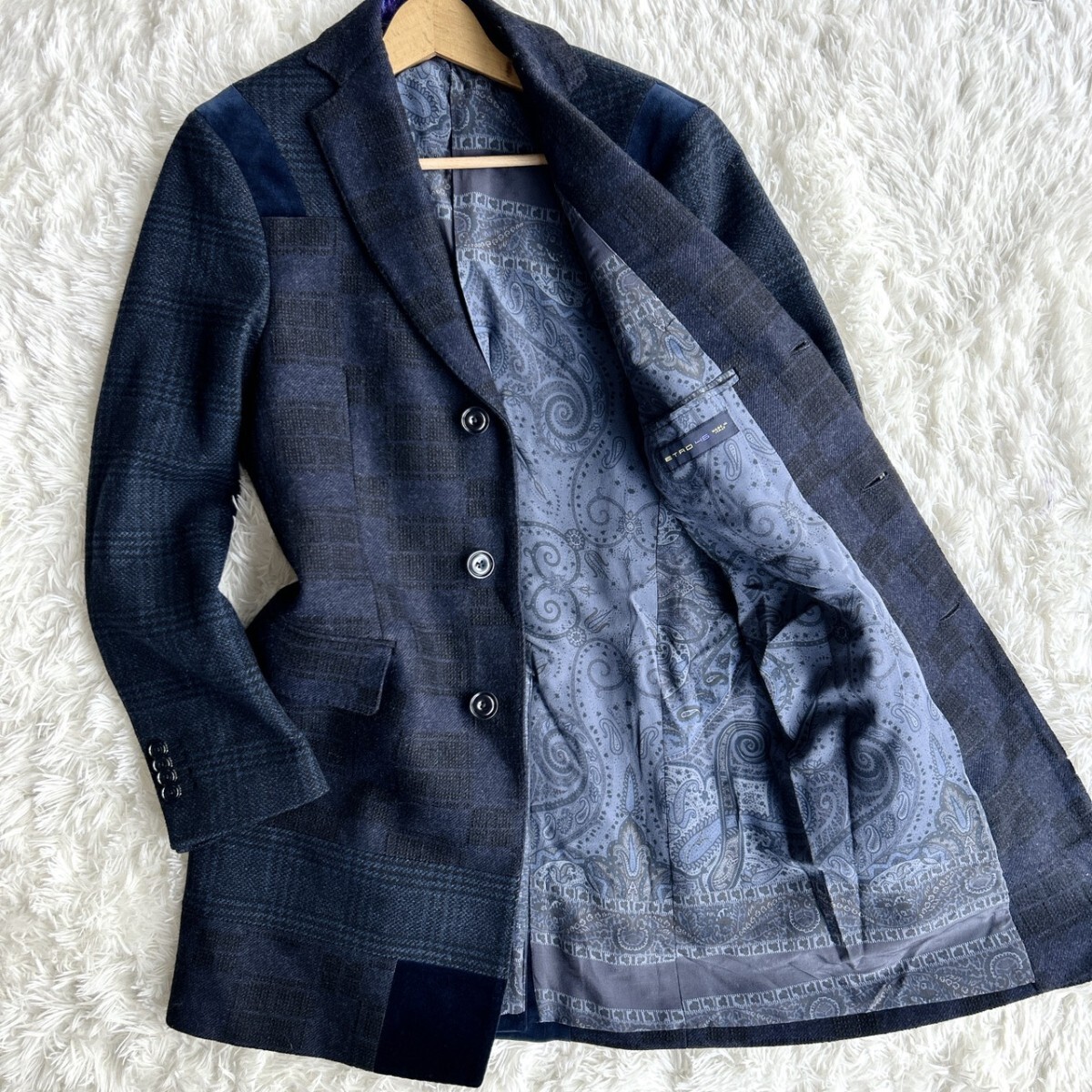 ETRO エトロ 『エレガントの極み』ツイード チェスターコート ペイズリー 千鳥格子柄 パッチワーク 46 M相当 メンズ 肉厚 ロングコート拍卖