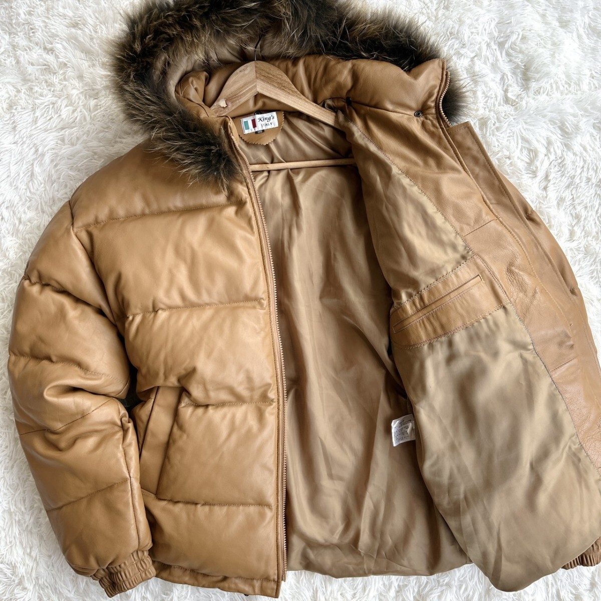 極希少の鹿皮革!希少XLサイズ◎ニチワ社 KINGS ITALY 鹿革 レザー ダウンジャケット レザージャケット ディアスキン メンズ 110 キャメル拍卖