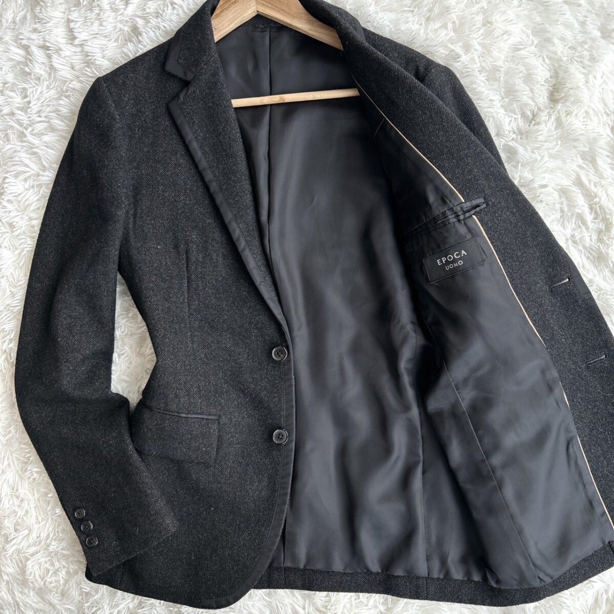 【至高の逸品】EPOCA UOMO エポカウォモ 起毛ウール 肉厚 テーラードジャケット 46 M相当 グレー メンズ ヘリンボーン アンコン 秋冬 美品拍卖