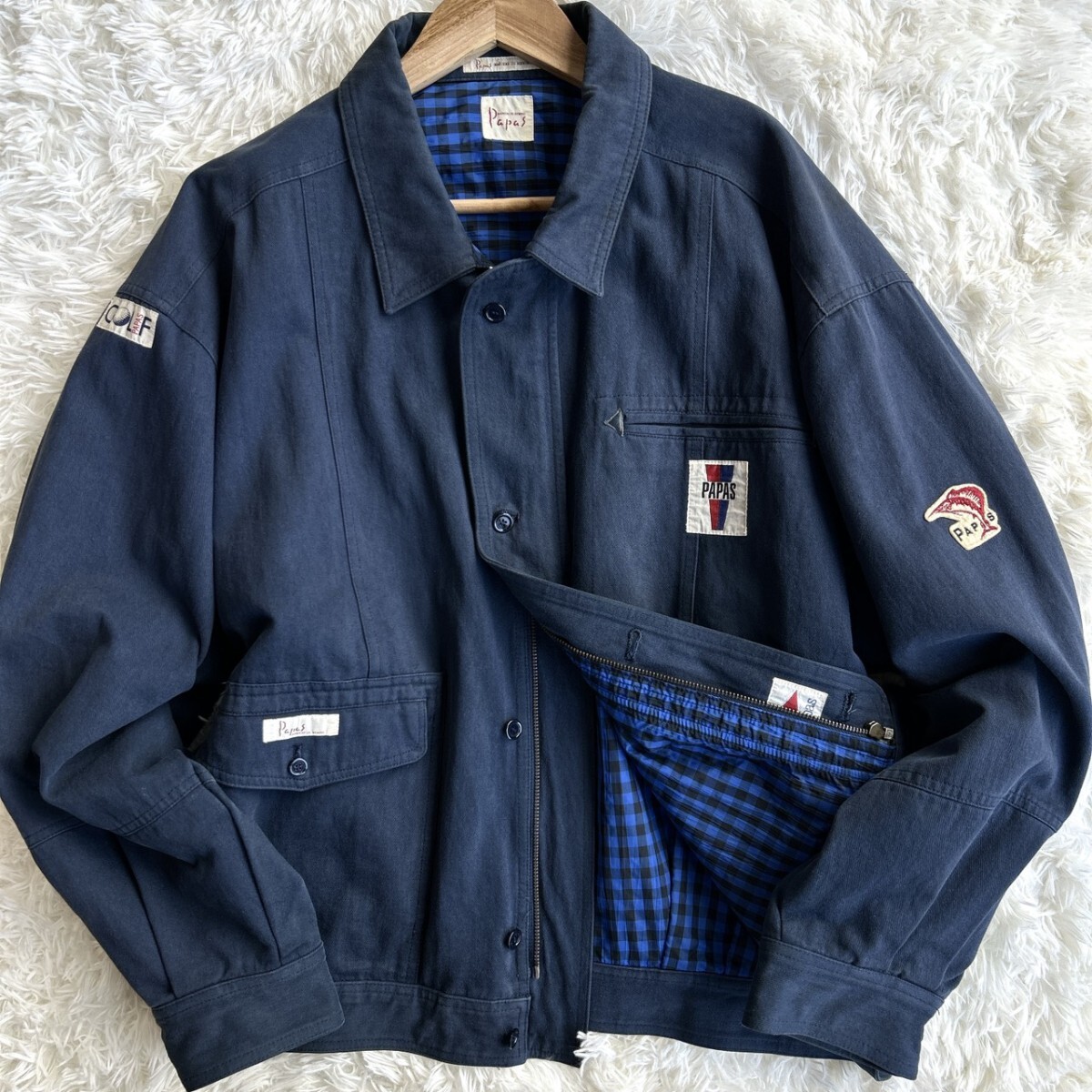 希少Lサイズ◎【至高の逸品】PAPAS パパス ブルゾン スイングトップ ジップジャケット ネイビー メンズ 刺繍ロゴ ゆったりとした着心地◎拍卖