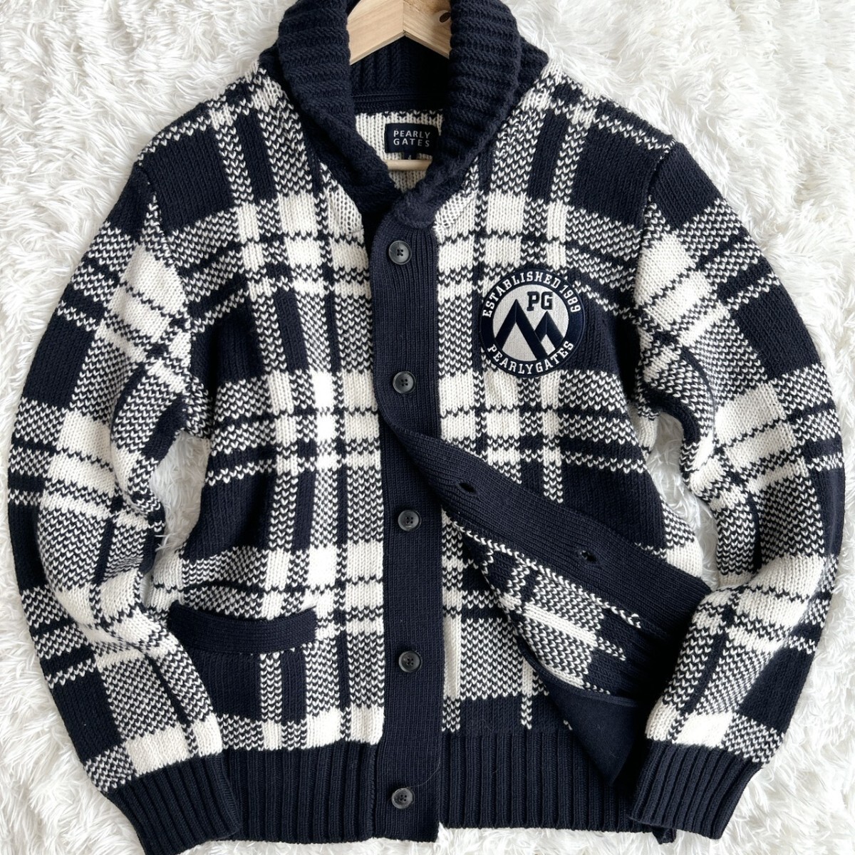 美品◎ PEARLY GATES パーリーゲイツ メンズ 肉厚 ケーブルニット ブルゾン ショールカラー ゴルフウェア ジャケット 防寒 4 M相当拍卖