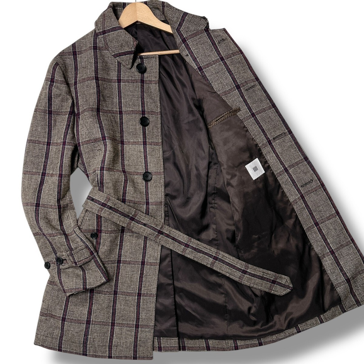 希少Lサイズ◎ SUIT SELECT × 高級HAVANA生地 スーツセレクト ステンカラーコート トレンチコート ベルト付き ツイード メンズ チェック柄拍卖