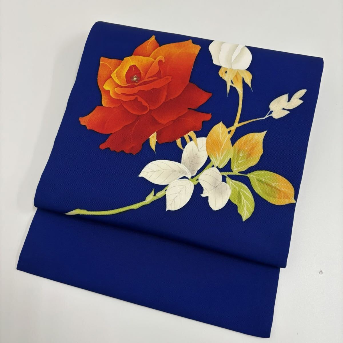 名古屋帯 塩瀬 薔薇模様 鮮やかな青 九寸 正絹 着物 W-5680拍卖