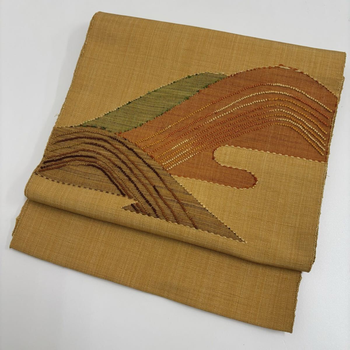 名古屋帯 紬 相良刺繍風 上品なデザイン 八寸 正絹 着物 W-5683拍卖