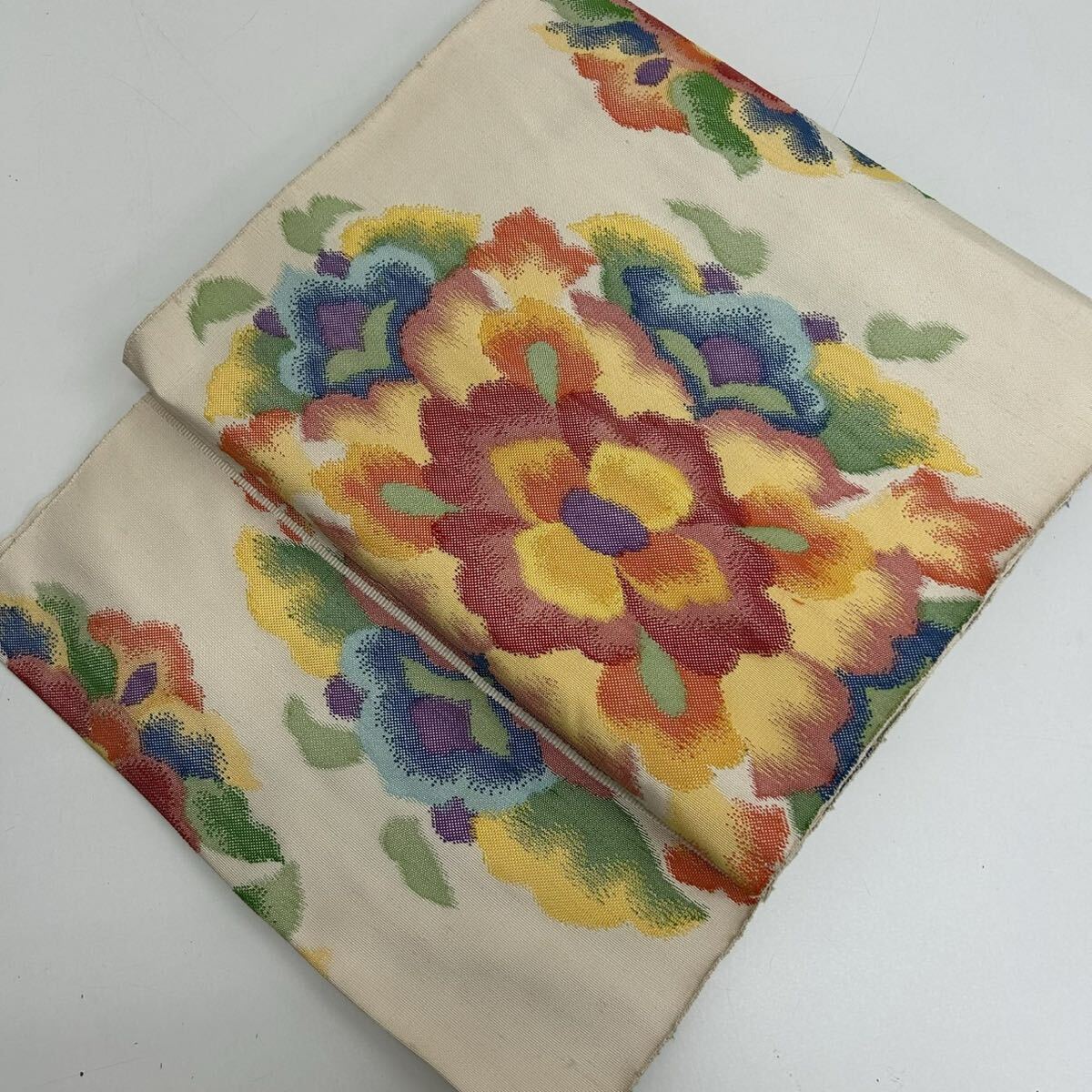 名古屋帯 紬 大柄 カラフルな花模様 八寸 正絹 着物 W-5652拍卖