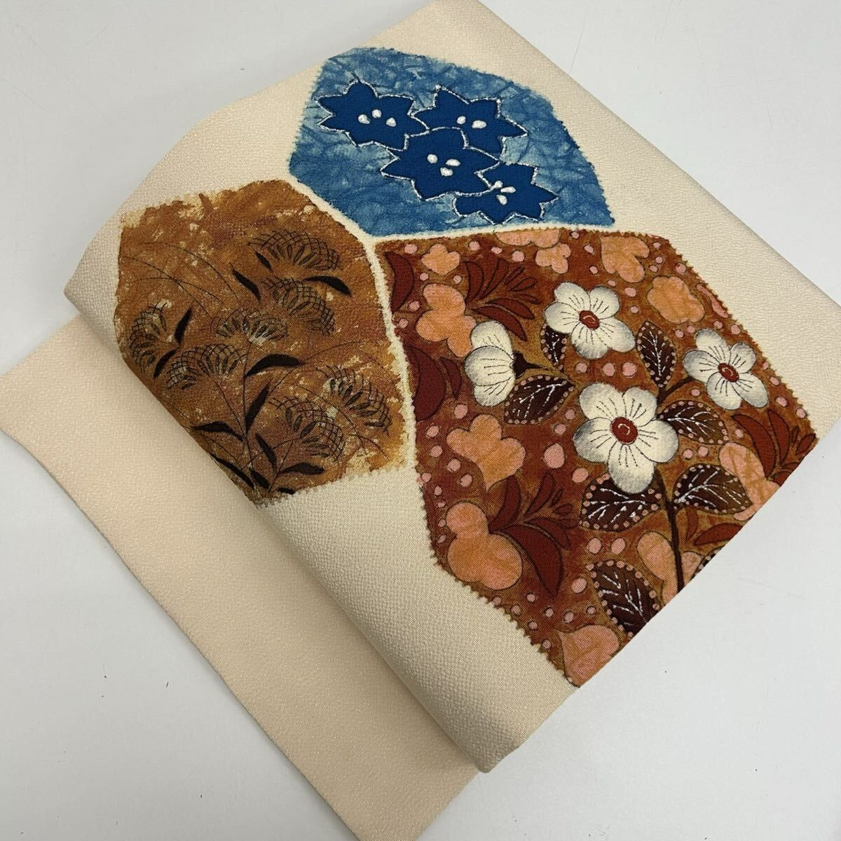 名古屋帯 ちりめん 可愛い花模様の染め 九寸 正絹 着物 W-5659拍卖