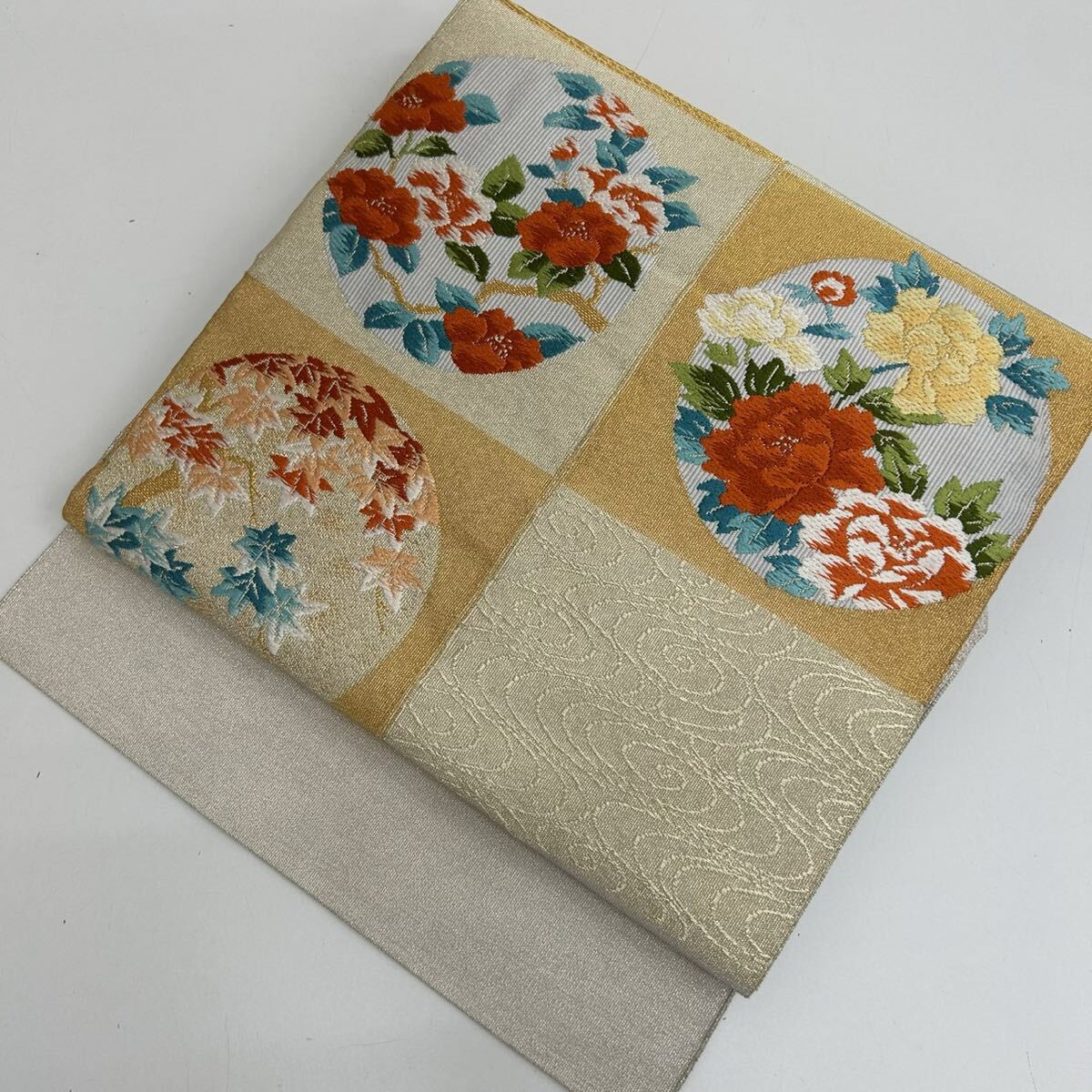 名古屋帯 綴れ 唐織 市松に花模様 八寸 正絹 着物 W-5661拍卖