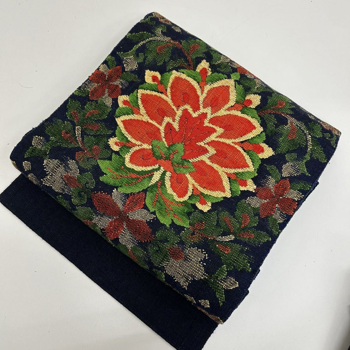 名古屋帯 真綿紬 大柄花模様 花唐草 八寸 正絹 着物 W-5673拍卖