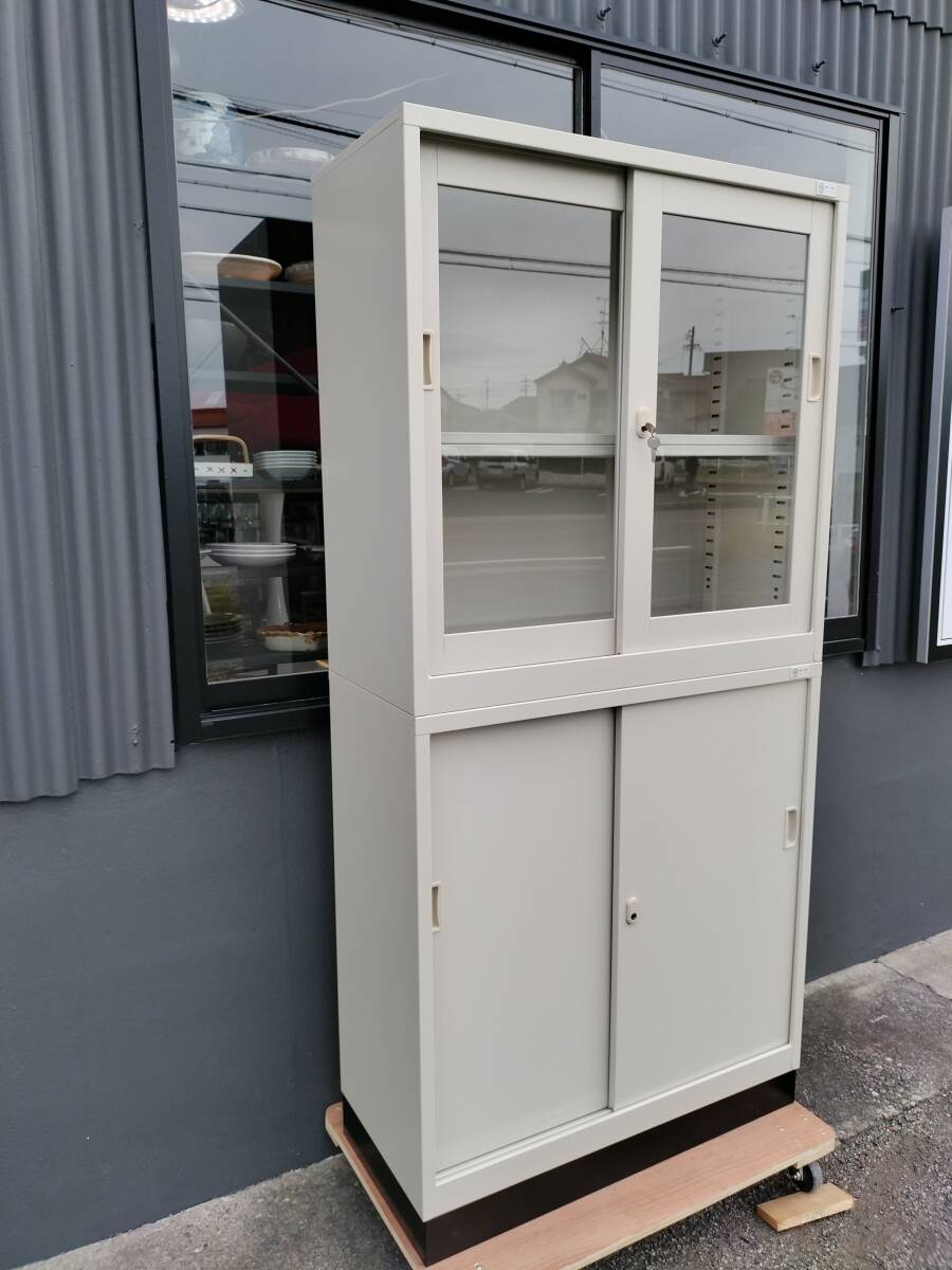 美品■生興■スチールキャビネット 鍵付き 高さ約185×幅88×奥行40㎝ ガラス戸 スチール戸 スチール書棚 オフィス 書庫 SON33シリーズ拍卖